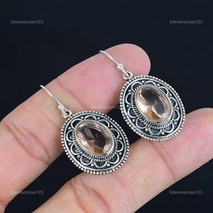Valentines Deal 925 Silver Oval Morganite Stone Vintage New Dangle Drop Earrings - Picture 1 of 6