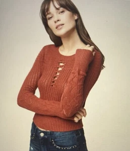 Aeropostale S Burnt Orange Mixed Stitch Lace-Up Crop Sweater Stitched Wide Knit - Picture 1 of 10