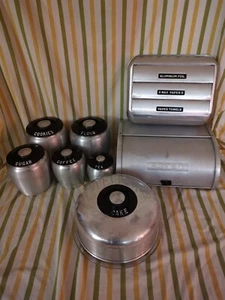 Vintage Kromex Aluminum Canisters Cookies Cake Cover Bread Box Foil Dispenser - Picture 1 of 6
