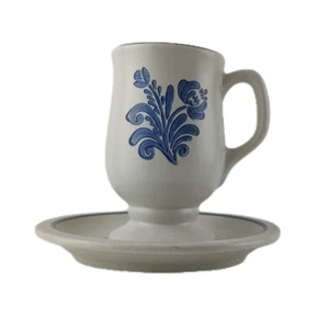 Pfaltzgraff Yorktowne Pedestal Footed Mug & Saucer Set Irish Coffee Blue Floral - Picture 1 of 11
