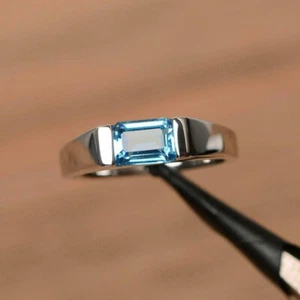 Smaragd Blau Aquamarine Diamant Solitär Unisex Verlobungsring Weißgold-Finish - Bild 1 von 6