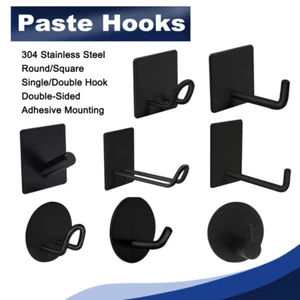 Stainless Steel Black Sticky Hooks Wall Mounted Self Adhesive Hook Round/Square - Picture 1 of 25