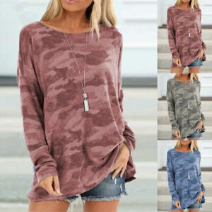 Women's Camouflage Print Crew Neck Tops Long Sleeve Pullover T-Shirt Plus Size