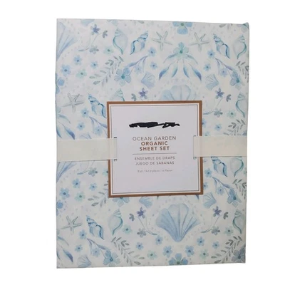 Conjunto completo de lençóis orgânicos Pottery Barn Teen Ocean Garden conchas azuis rainha FLAW - Imagem 1 de 2