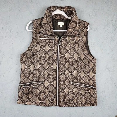 Studio Works Sport Vest Womens XL Brown Snake Print Quilted Puffer Zip Pockets - Image 1 of 4