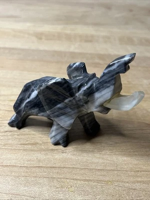 Hand Carved Zebra Onyx Elephant Figurine Stone Carving Marble Animal Decor - Image 1 of 4