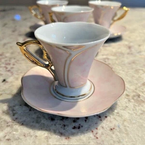 T. Bavaria Demitasse Tea Set of 4 Cups and Saucers Pink & Gold Germany Design - Picture 1 of 6