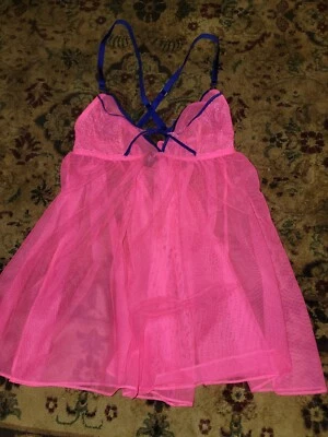 Vestido Babydoll Victoria's Secret Rosa Púrpura Malla Transparente Encaje Lindo Caliente Talla S Foto 1 de 3
