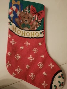 Vintage Stocking Needlepoint Christmas Bears Snowflakes Ho Ho Ho Velvet Back - Picture 1 of 3