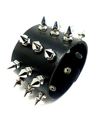 Spike Cuff Wrist Bracelet 21 Spikes Rivet Stud Wide Vegan Faux Leather Rocker - Image 1 of 4