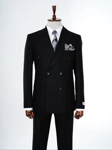 Premium Mens Double Breasted Suit Slim Italian Style Punto Stitching Black - Picture 1 of 7
