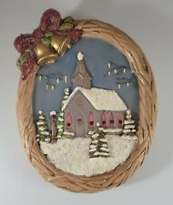 Vintage Hand Painted Ceramic Christmas Winter Scene Plaque Glitter Snow