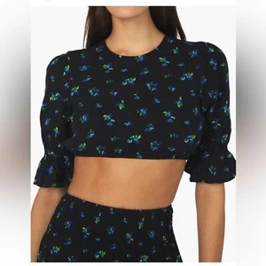 WeWoreWhat Watercolor Ditsy Cropped Top, NWT, Size Large, Black & Blue Floral - Picture 1 of 14