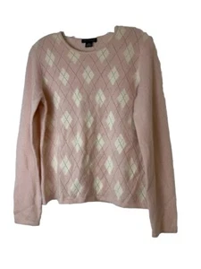 Ann Taylor Damen 2-fädiger 100% Kaschmir Argyle Pullover rosa/weiß Gr. M Preppy LESEN - Bild 1 von 7