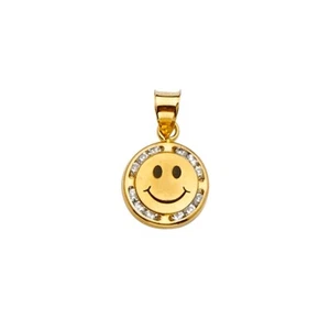 14K Solid Gold Smiley Happy Face- 11mm 14K Gold Face Emoji Charm Pendant -PT2394 - Picture 1 of 8
