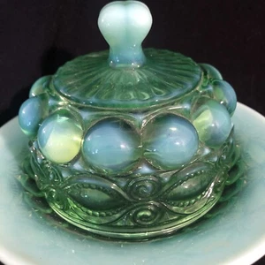Mosser Green Opalescent Glass Eye Winker Pattern Covered Butter Dish - Picture 1 of 9