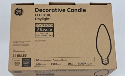 24 pack GE Daylight LED B10C Candelabra Base Candle Shape Bulbs 60W Using 5W - Image 1 of 4