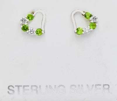 LAB CREATED PERIDOT & WHITE SAPPHIRE HEART STUD EARRINGS .925 Silver -SCREW BACK - Image 1 of 4