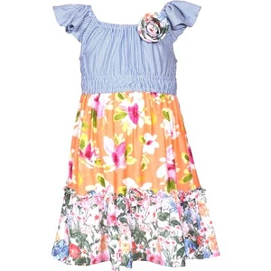 Bonnie Jean Girls Sundress Blue and White Striped Bodice Floral Skirt Size 5 - Picture 1 of 4