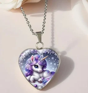Damen Modeschmuck Kette Halskette  Herz Einhorn Neu  - Bild 1 von 1