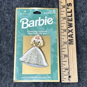 1996 Vtg Mattel Hallmark Barbie Holiday Pin Gold White Collectible NEW - Picture 1 of 3