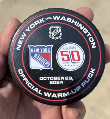 Hockey Puck 50th Warm Up Puck Alex Ovechkin 2 Goals Rangers Capitals Rare Puck - Image 1 of 4