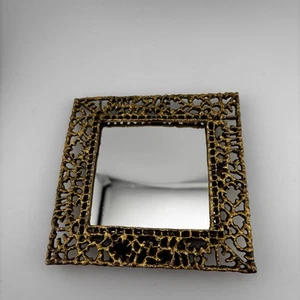 Vtg Celeste Mirror Goldtone 5.5” Square Metal  Black Fabric Backing Filigree - Picture 1 of 11