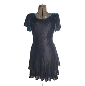 Vintage 70s 80s Blue Shiny Mini Dress Black Layered Party M/L Molly Malloy - Picture 1 of 14