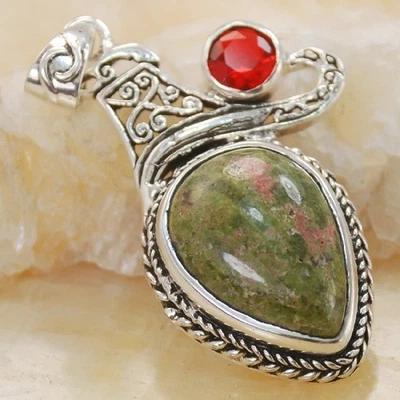 天然 Unakite 宝石手工银吊坠珠宝首饰 P10542 — 第 1/4 张图片