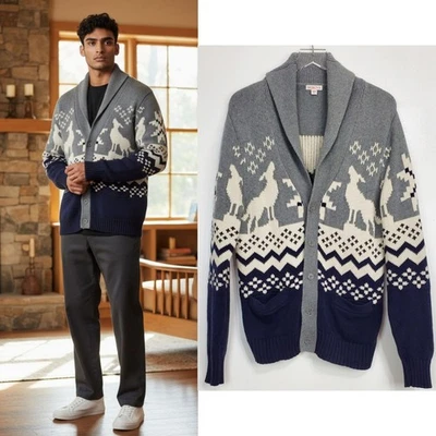 Merona mens medium knit wolf button shawl cardigan sweater gray navy mountain - Image 1 of 4
