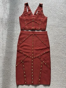 DONNA BEBE borchie BANDAGE CROP canotta gonna 2 pezzi vestito vestito PICCOLO S NUOVO - Foto 1 di 16