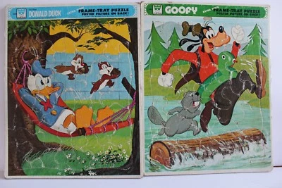 Lot 2 Vintage Disney Donald Duck Chipmunks Goofy Tray PUZZLE Whitman Frame  - Image 1 of 4
