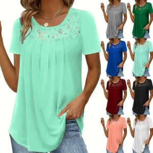 Ladies Pleated Blouses Summer Short Sleeve Lace Casual Tops Tee Shirts PLUS SIZE - Picture 1 of 16
