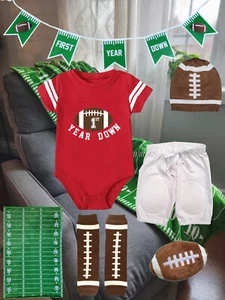 First Year Down Cake Smash Outfit Boys Girls Football Baby Bodysuit 1st Birthday - Picture 1 of 4