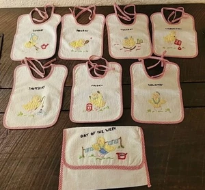Vtg. Hand Embroidered Bibs & Holder. 7-day of the Week Bibs & Holder. Baby Chick - Picture 1 of 17