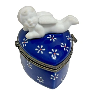 Cherub Angel Ceramic Heart Trinket Box Retro Collectible Decor 2x2" Gift - Picture 1 of 9