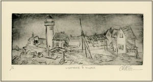 LIGHTHOUSE & SAILBOAT FISHING VILLAGE - Original IMPRESSIONIST ETCHING Signed - Picture 1 of 1