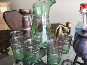6 PC ANTIQUE ENAMELED GLASS PITCHER & 5 GLASSES GREEN MARGARITA/ LEMONADE SET - Picture 1 of 18