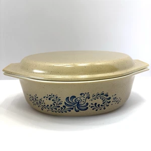 Vintage Pyrex Homestead #045 2,5 Quart Auflaufform mit Deckel gesprenkelt beige blau - Bild 1 von 7