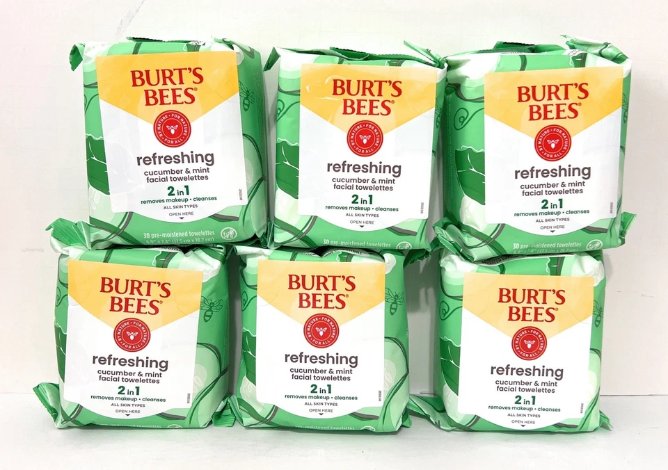 6 X Toalhas de Limpeza Facial Burt's Bees Pepino e Perfeito 30 Toalhas Cada - Imagem 1 de 1