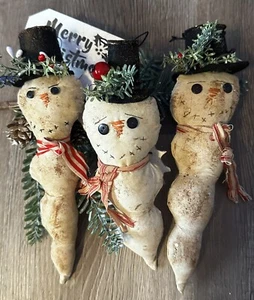 SET OF 3 Snowman Icicle Christmas Ornament Handmade Primitive Style Rustic - Picture 1 of 7