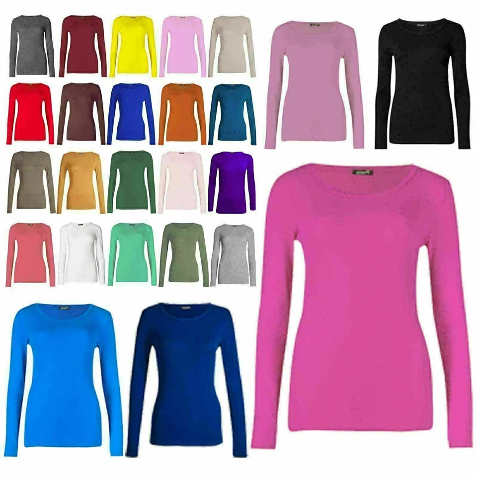Womens Ladies Long Sleeve Stretch Plain Scoop Neck T Shirt Top assorted 8-26 - Image 1 of 1