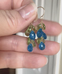14K Solid Gold Peridot Apatite Earrings Natural Briolette Dangle Drop RARE Neon - Picture 1 of 7