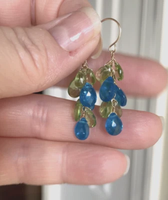 14K Solid Gold Peridot Apatite Earrings Natural Briolette Dangle Drop RARE Neon - Image 1 of 4