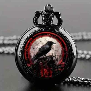 Vintage Gothic Raven Design Quartz Pocket Watch, Round Alloy Case Non-Waterproof - Picture 1 of 4