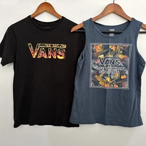 Vans Kids Size Youth Large T-Shirt Lot Black Flames Short Sleeve, Blue Tank Top - Picture 1 of 8