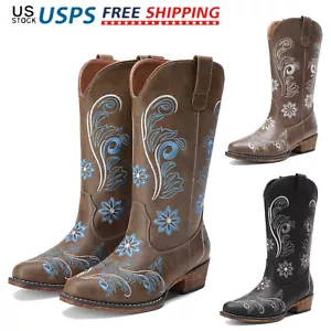 Women Western Cowboy Cowgirl Boots Square Toe Embroidered Pull On Mid Calf Boots - Picture 1 of 28
