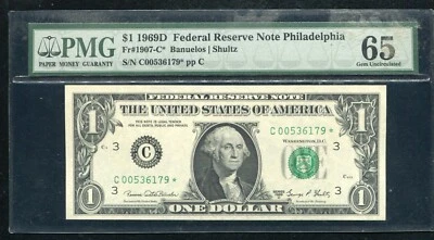 FR. 1907-C* 1969-D $1 *STAR* FRN PHILADELPHIA, PA PMG GEM UNCIRCULATED-65EPQ - Image 1 of 2