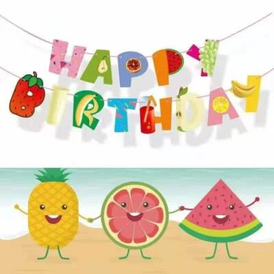 Divertido Bandera Colgante Fruta Tropical Feliz Cumpleaños Fiesta Decoración Banderín Foto 1 de 4