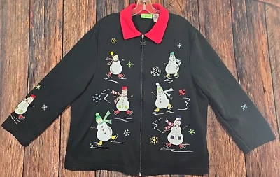 Chaqueta de punto Jersey Onque para mujer apliques de cremallera completa bordado muñeco de nieve invierno 1X Foto 1 de 4